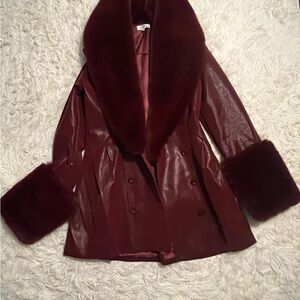 Luxurious Burgundy Faux Fur Trim Coat